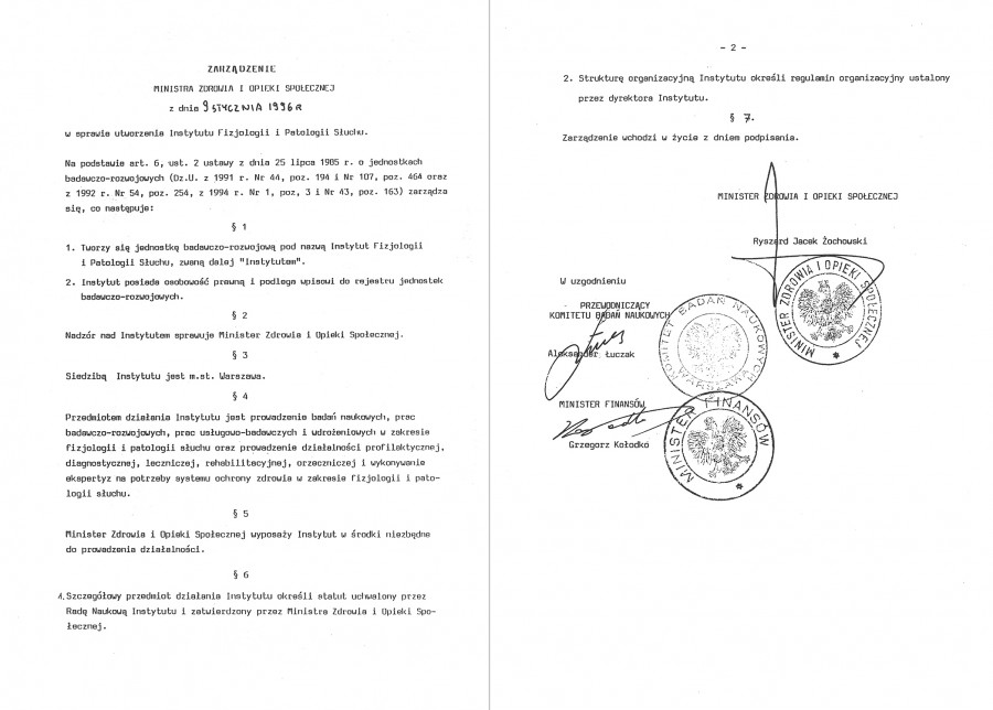 Zarządzenie Ministra Zdrowia i Opieki Społecznej w sprawie utworzenia Instytutu Fizjologii i Patologii Słuchu podpisane przez Ministra Zdrowia, prof. Jacka Żochowskiego, Przewodniczącego Komitetu Badań Naukowych, prof. Aleksandra Łuczaka, i Ministra Finansów, prof. Grzegorza Kołodkę.