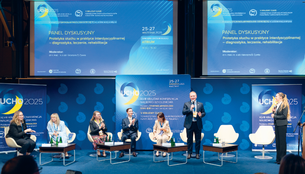 anel „Protetyka słuchu w praktyce interdyscyplinarnej – diagnostyka, leczenie, rehabilitacja”moderowany przez dr Katarzynę B. Cywkę. Uczestnicy: dr Edyta Piłka, Dorota Pastuszak, Anna Skoczylas, Ireneusz Szott, Anna Sztabnicka, prof. Piotr H. Skarżyński